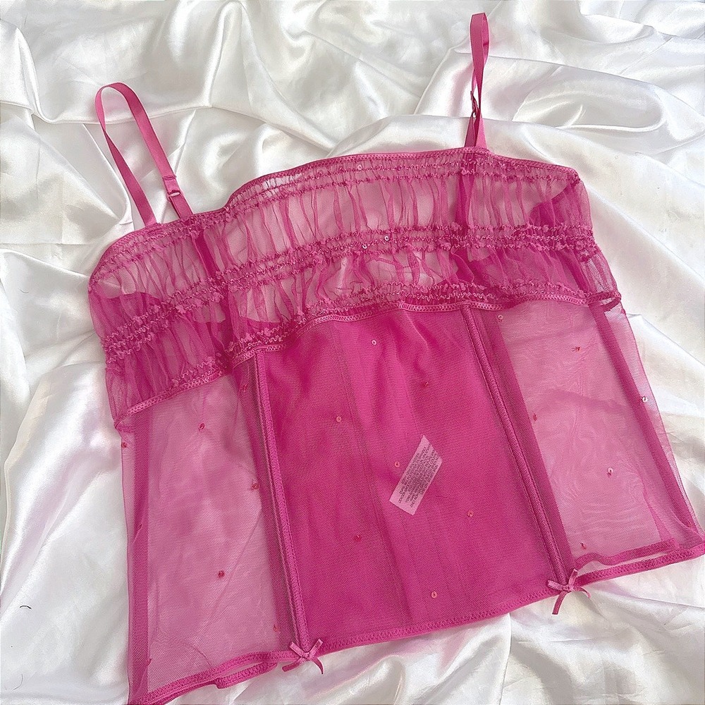Cabernet Hot Pink Mesh Corset Top Sheer Sequin Ruffle Bustier XL F52TN401